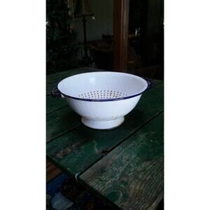 Vintage Enamelware Colander Strainer, White & Blue Chippy Farmhouse Primitive